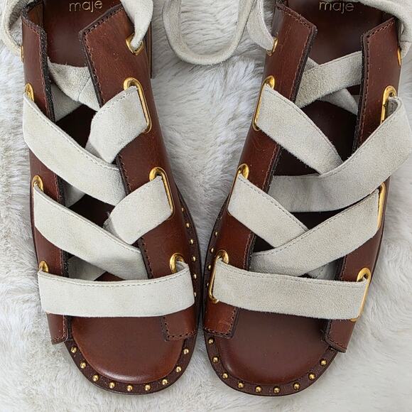 NEW Maje Fidil Lace Up Marron Gladiator Leather Sandal Mules US 8.5 - Picture 4 of 12